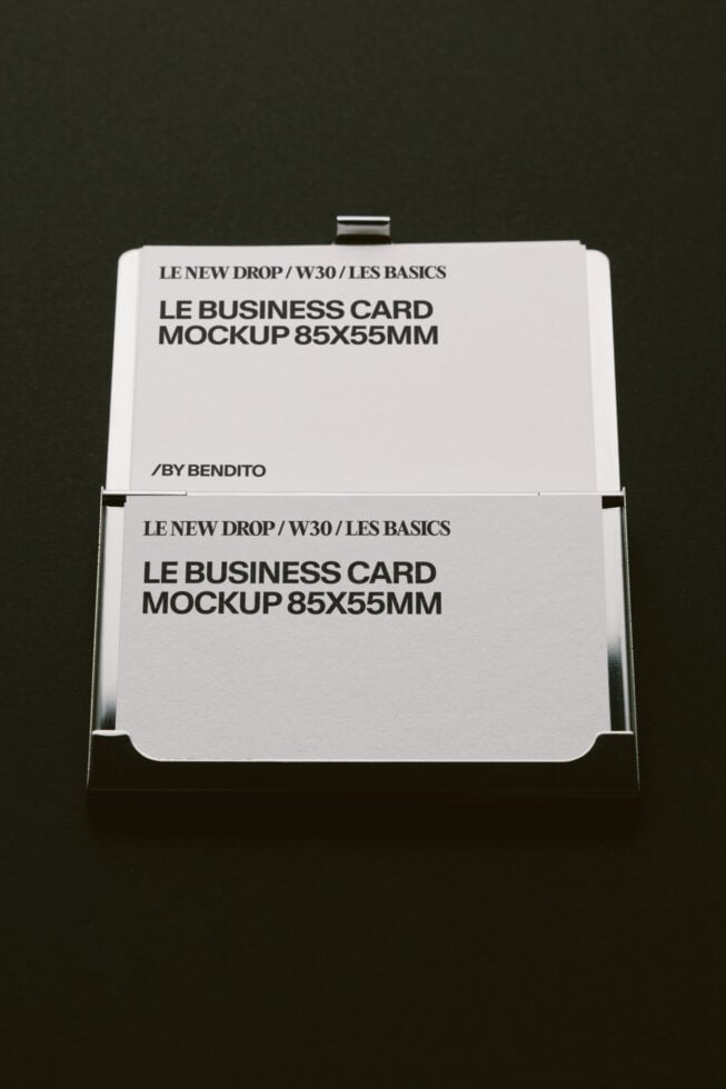 Business card mockup 85x55mm in clear acrylic holder with two card samples