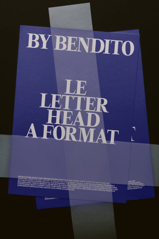 Folded letterhead mockup in deep blue with cream serif type showing brand name plus format details