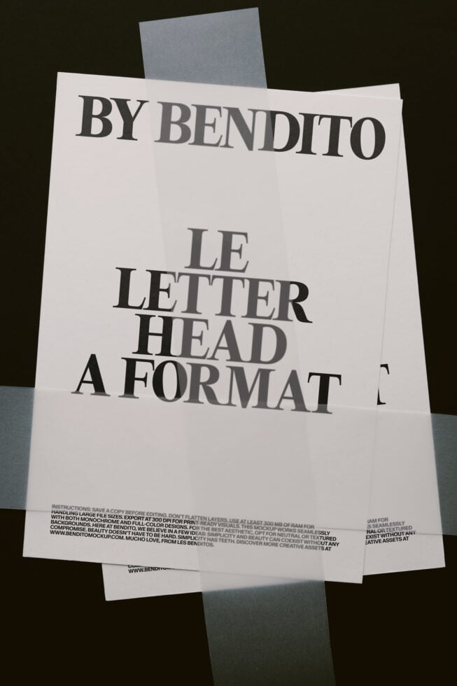 Fanned letterhead mockup showing serif typography for "By Bendito" branding with gray accent cards behind