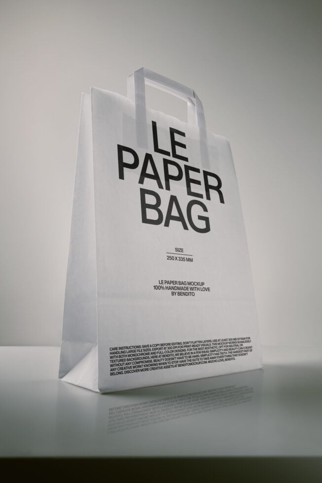 White paper bag mockup with bold black typography showing size dimensions, crafted by Bendito