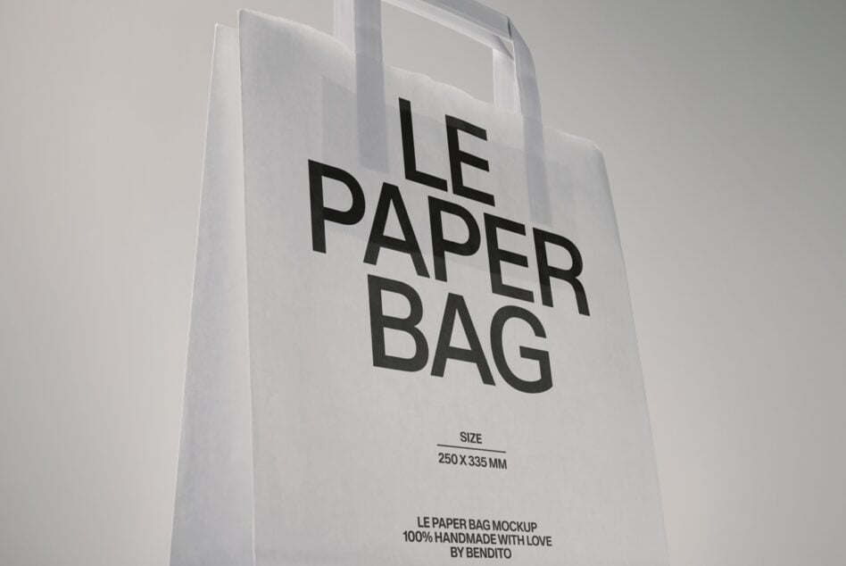 White paper bag mockup with black typography showing size dimensions 250x335mm