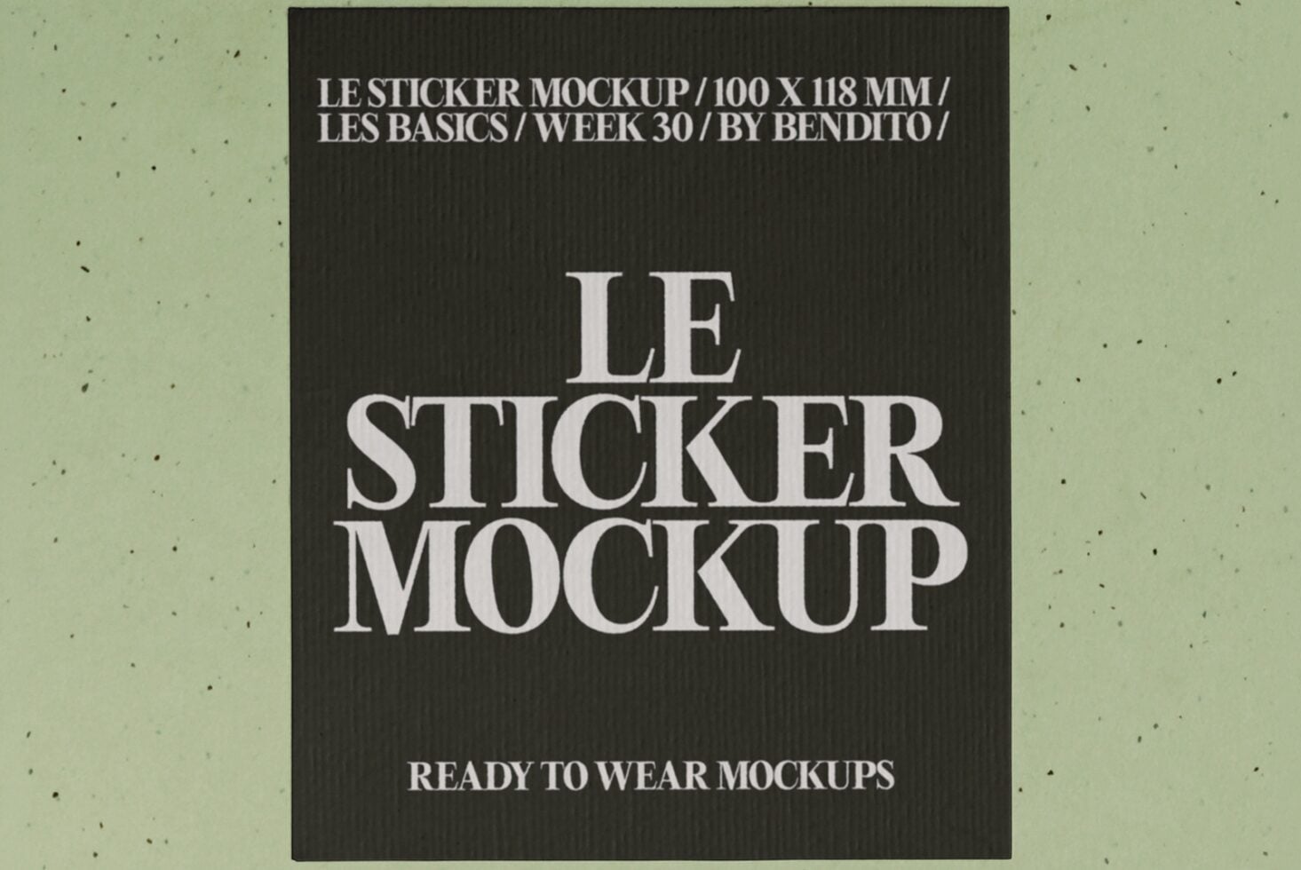 Black sticker mockup with serif typography on textured background, 100x118mm