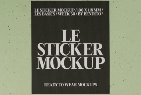Black sticker mockup with serif typography on textured background, 100x118mm