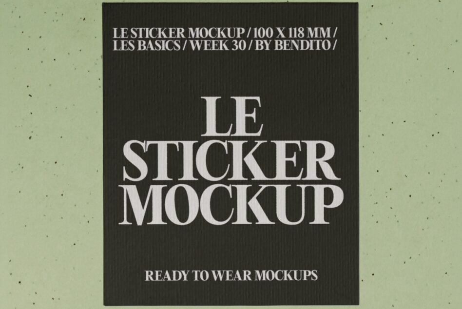Black sticker mockup with serif typography on textured background, 100x118mm