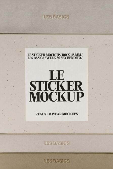 Sticker mockup on textured beige background with bold serif typography