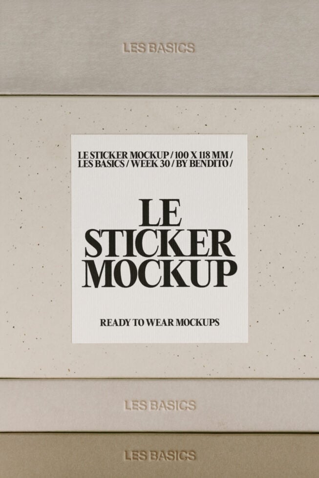 Sticker mockup on textured beige background with bold serif typography