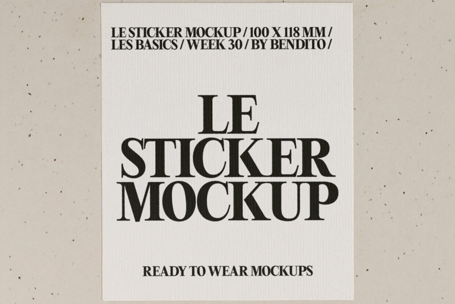 Rectangular sticker mockup 100x118mm with serif typography on textured white background