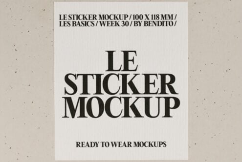 Rectangular sticker mockup 100x118mm with serif typography on textured white background