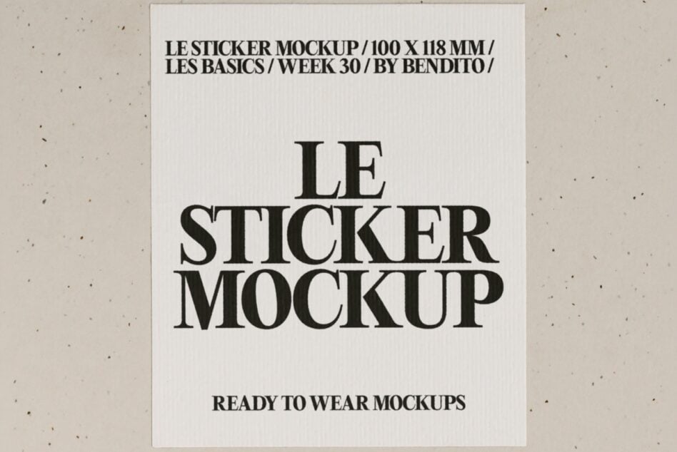 Rectangular sticker mockup 100x118mm with serif typography on textured white background