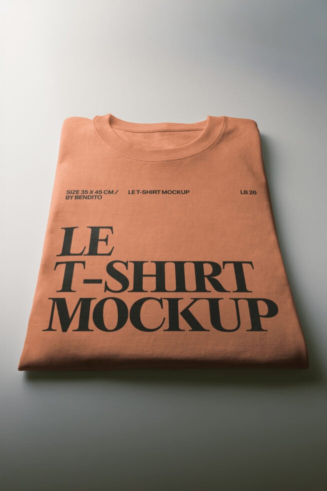 Folded peach tee mockup with bold black serif typography centered on chest