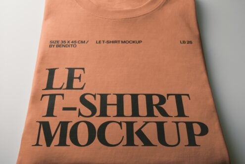 Terracotta tee mockup with large serif typography showing design placement on fabric