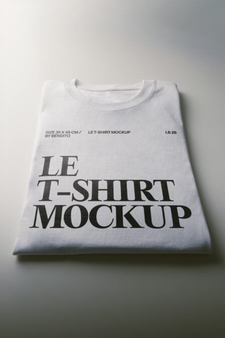 Folded white tee mockup with serif typography showing design placement on fabric