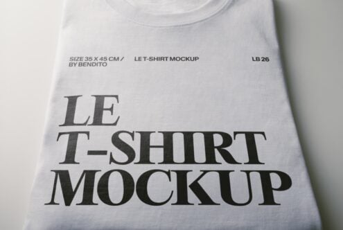 Flat lay of white tee with serif typography mockup showing print placement on cotton fabric
