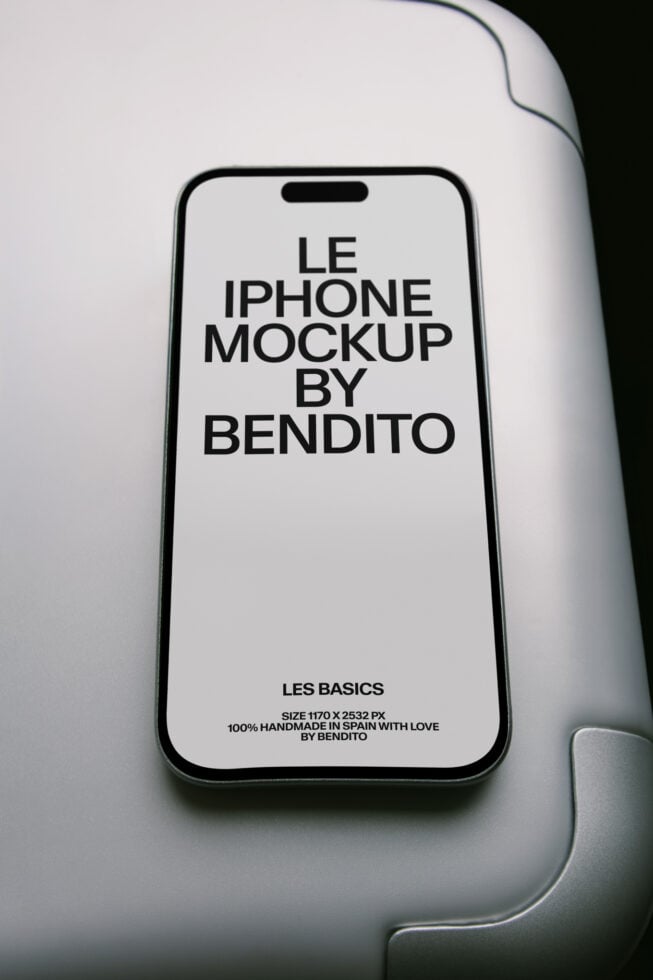 iPhone 14 Pro mockup sitting on white curved surface with clean minimal typography display