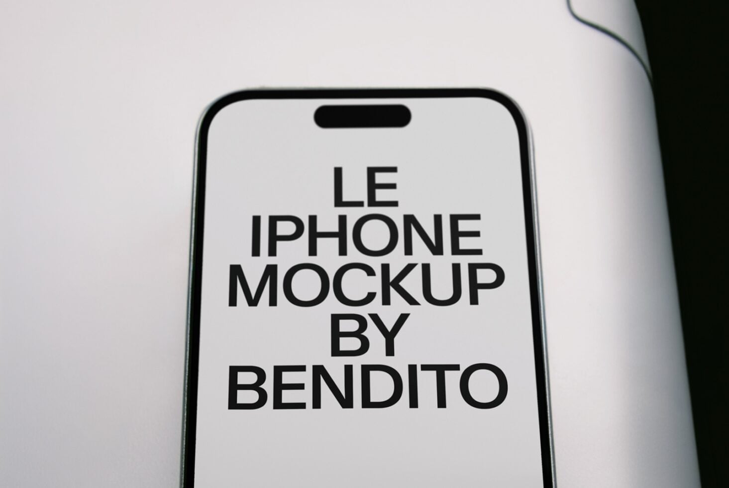 iPhone 14 Pro mockup with centered text on white screen, notch visible