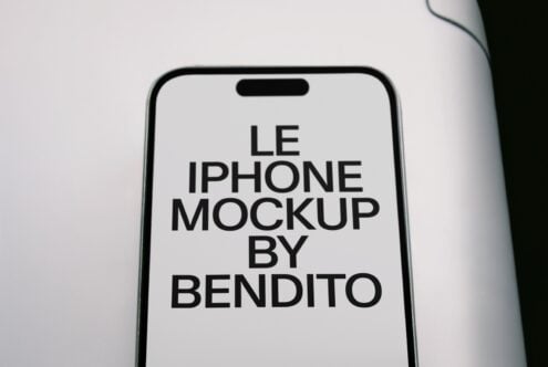 iPhone 14 Pro mockup with centered text on white screen, notch visible
