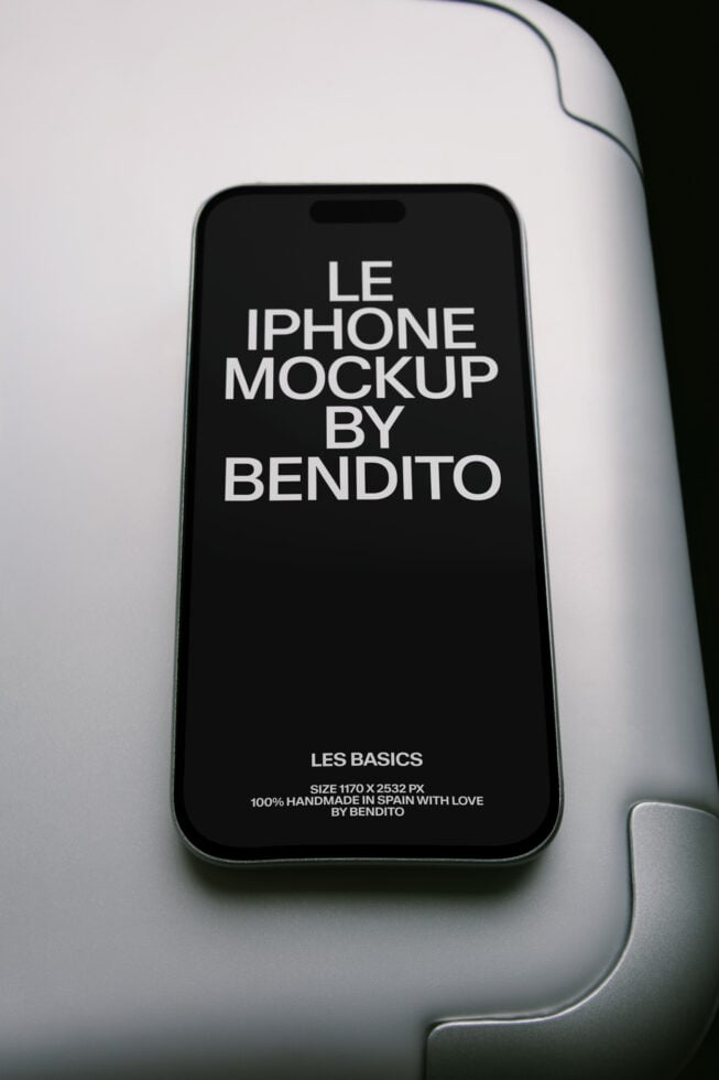 iPhone mockup sat on curved white surface showing black screen with white text layout
