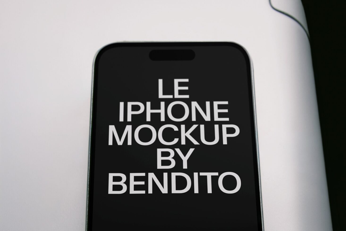 iPhone mockup with centered white sans-serif text on black screen against neutral background