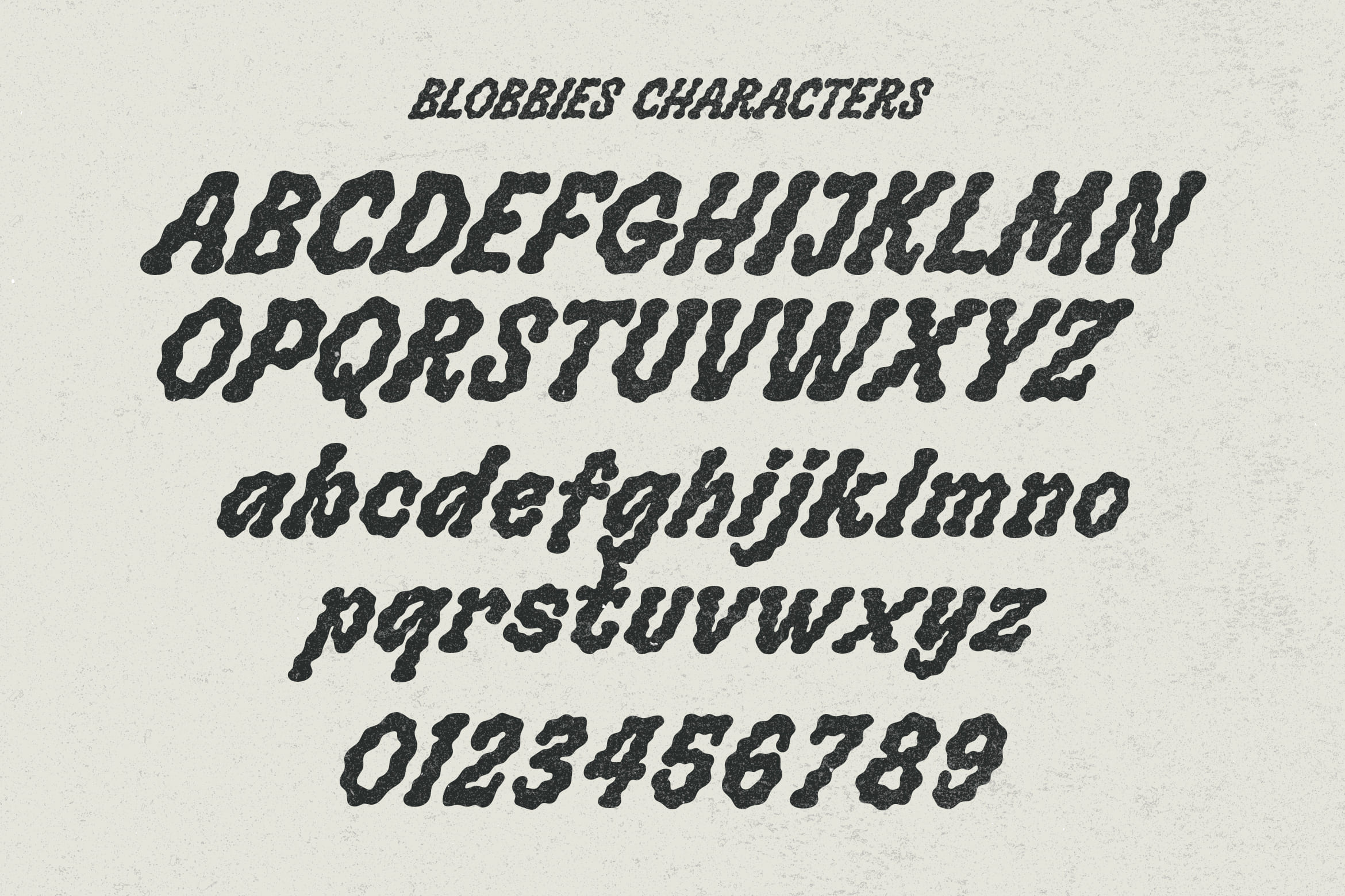Blobby italic typeface showing full character set with uppercase, lowercase, numbers