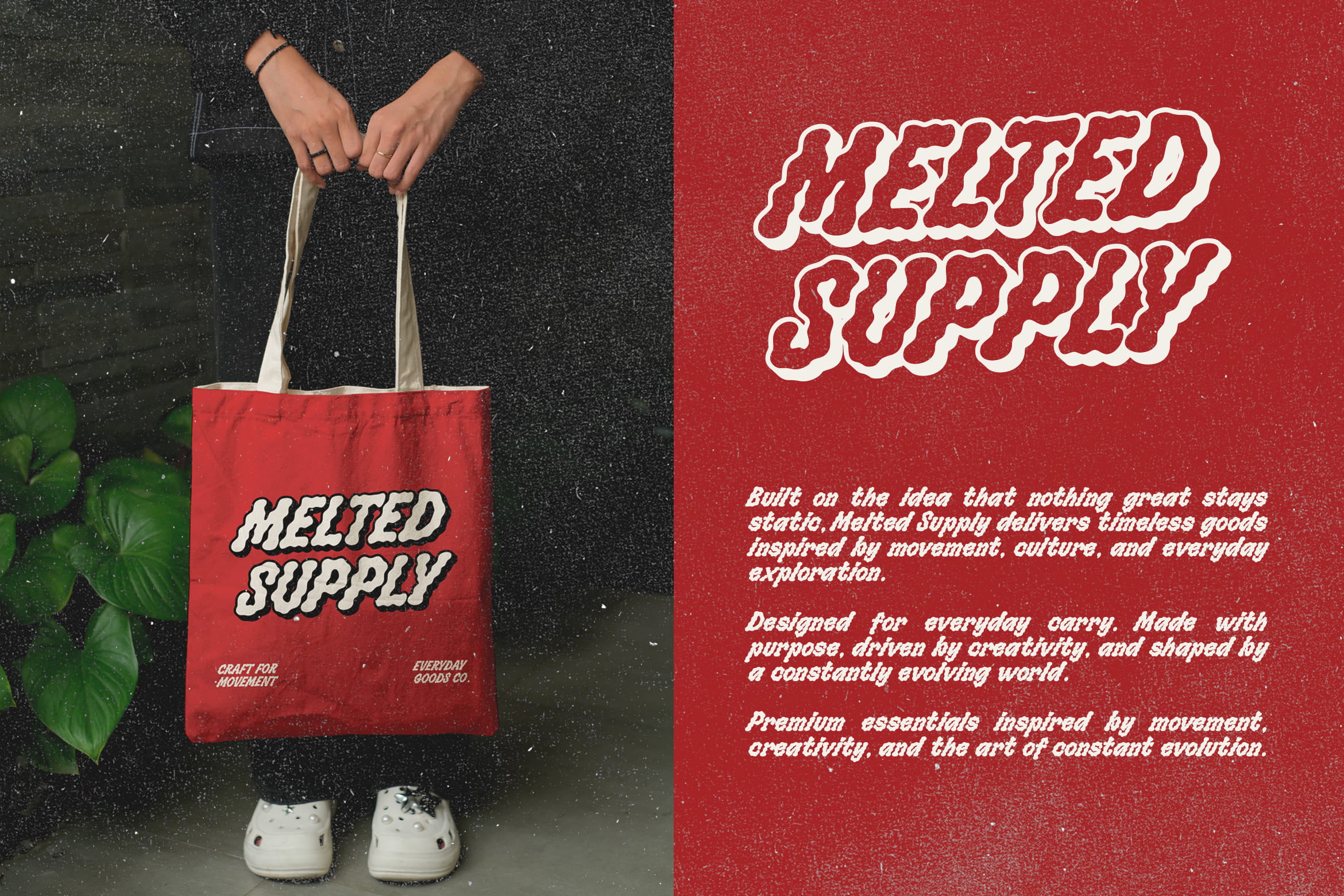 Red tote bag mockup with wavy retro lettering held by person in sneakers