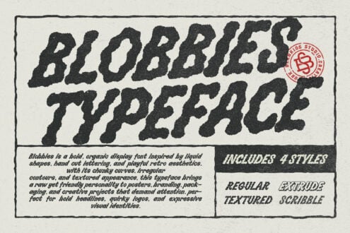 Blobbies typeface specimen showing chunky organic letterforms with liquid-inspired curves in 4 styles