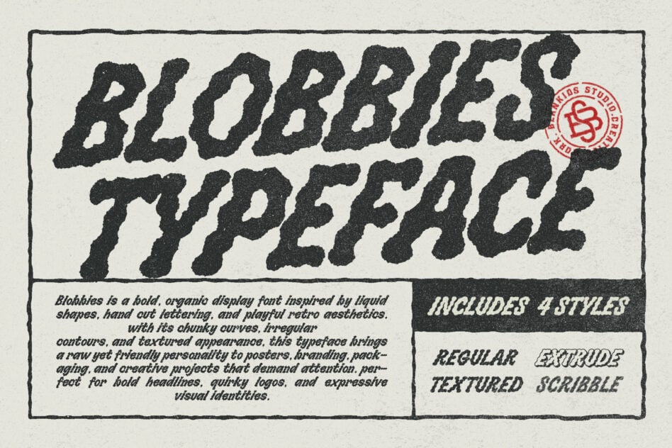 Blobbies typeface specimen showing chunky organic letterforms with liquid-inspired curves in 4 styles