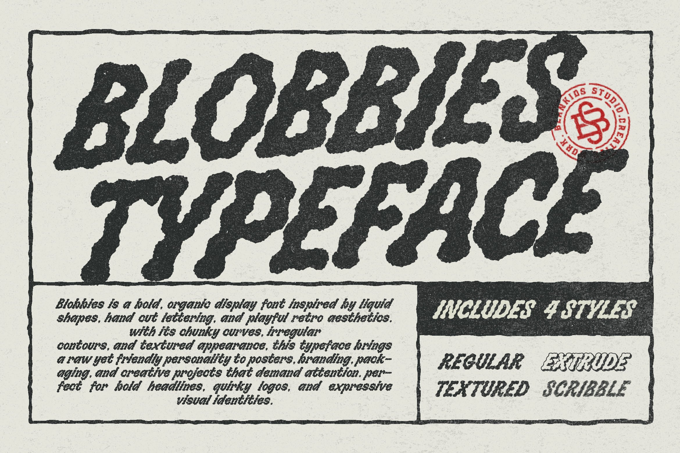 Blobbies typeface specimen showing chunky organic letterforms with liquid-inspired curves in 4 styles