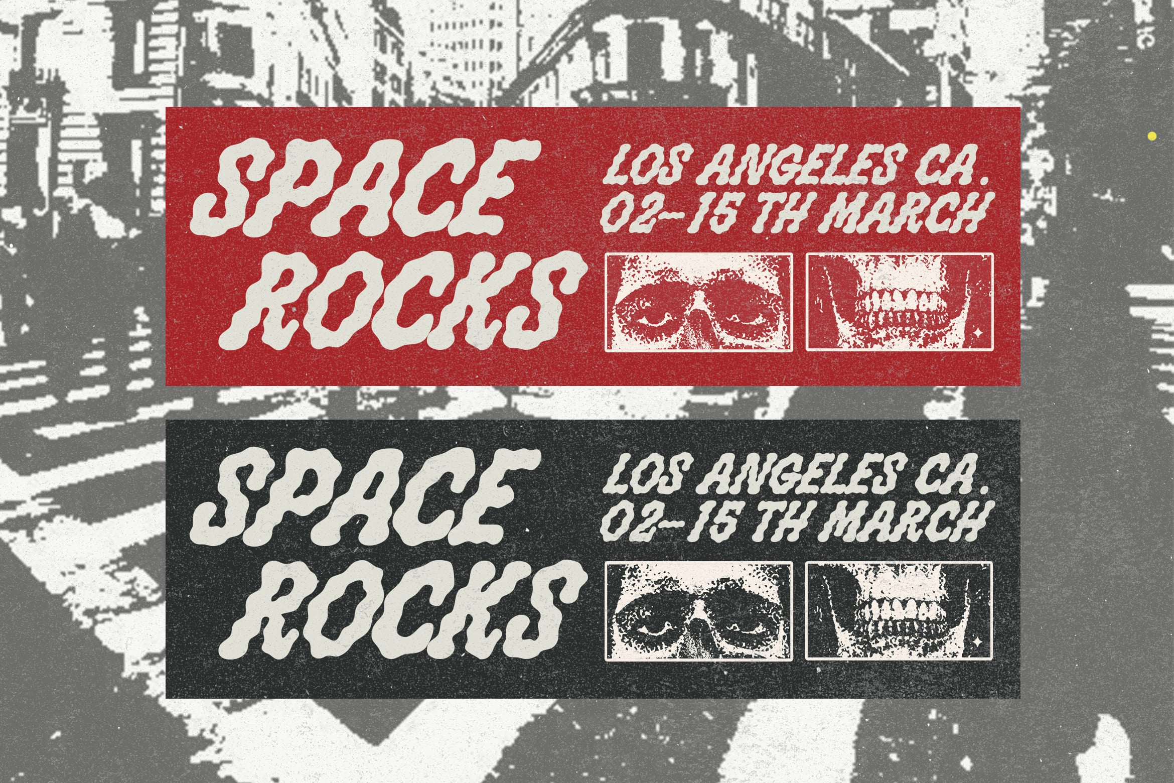 Retro Space Rocks event poster in red with black variant, grungy LA concert flyer with skull graphics