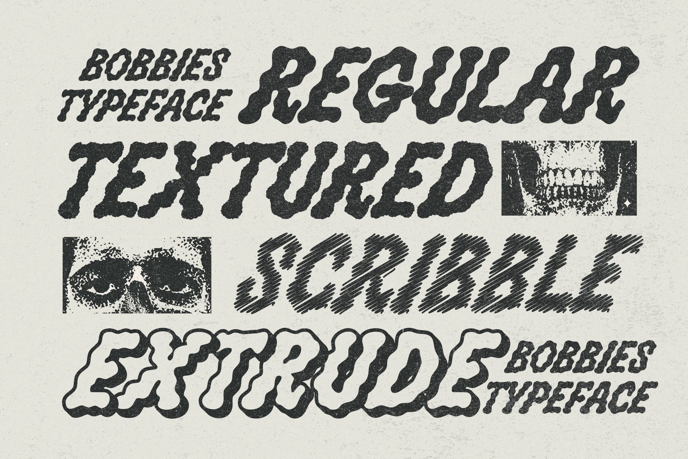 Bobbies typeface showing distressed, textured, grunge letter styles with rough edges