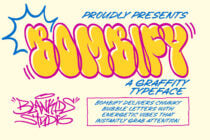 Bombify graffiti typeface with chunky bubble letters in yellow, magenta outlines, blue speech bubbles, stylized tags