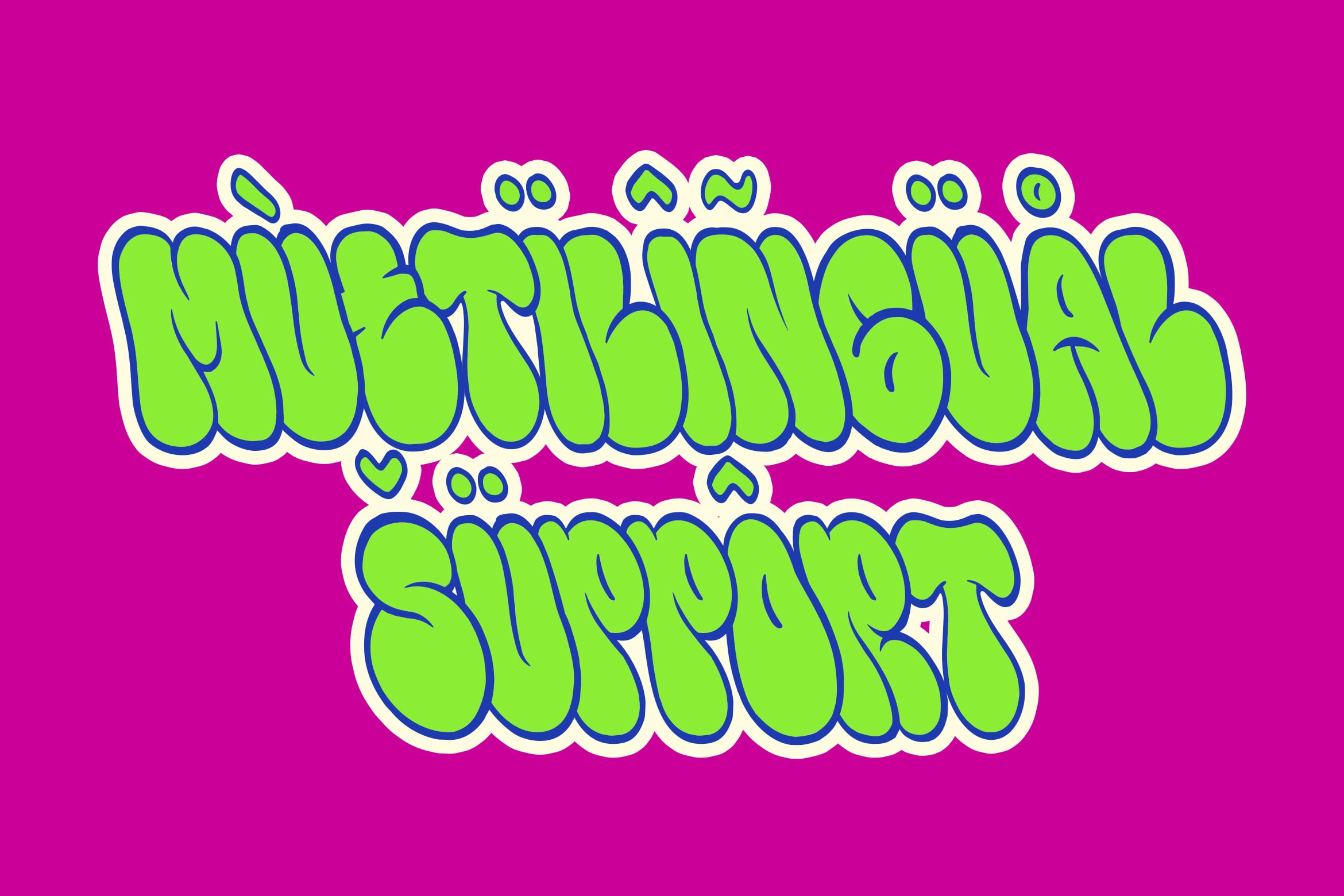Neon lime graffiti style text on hot pink background with blue outlines