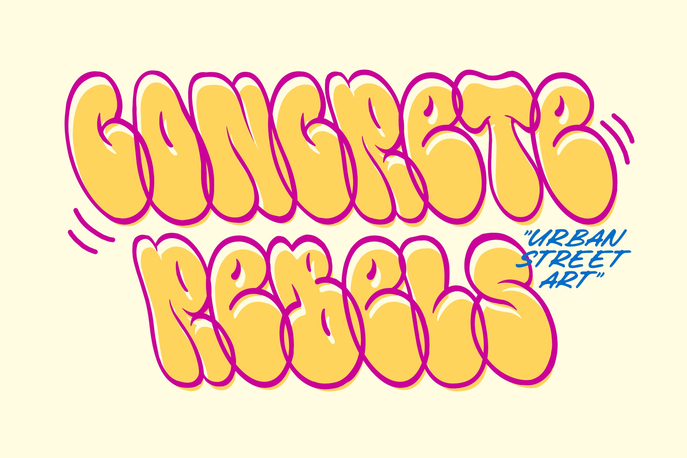 Bold yellow graffiti letters with magenta outlines on cream background, urban street art vibe