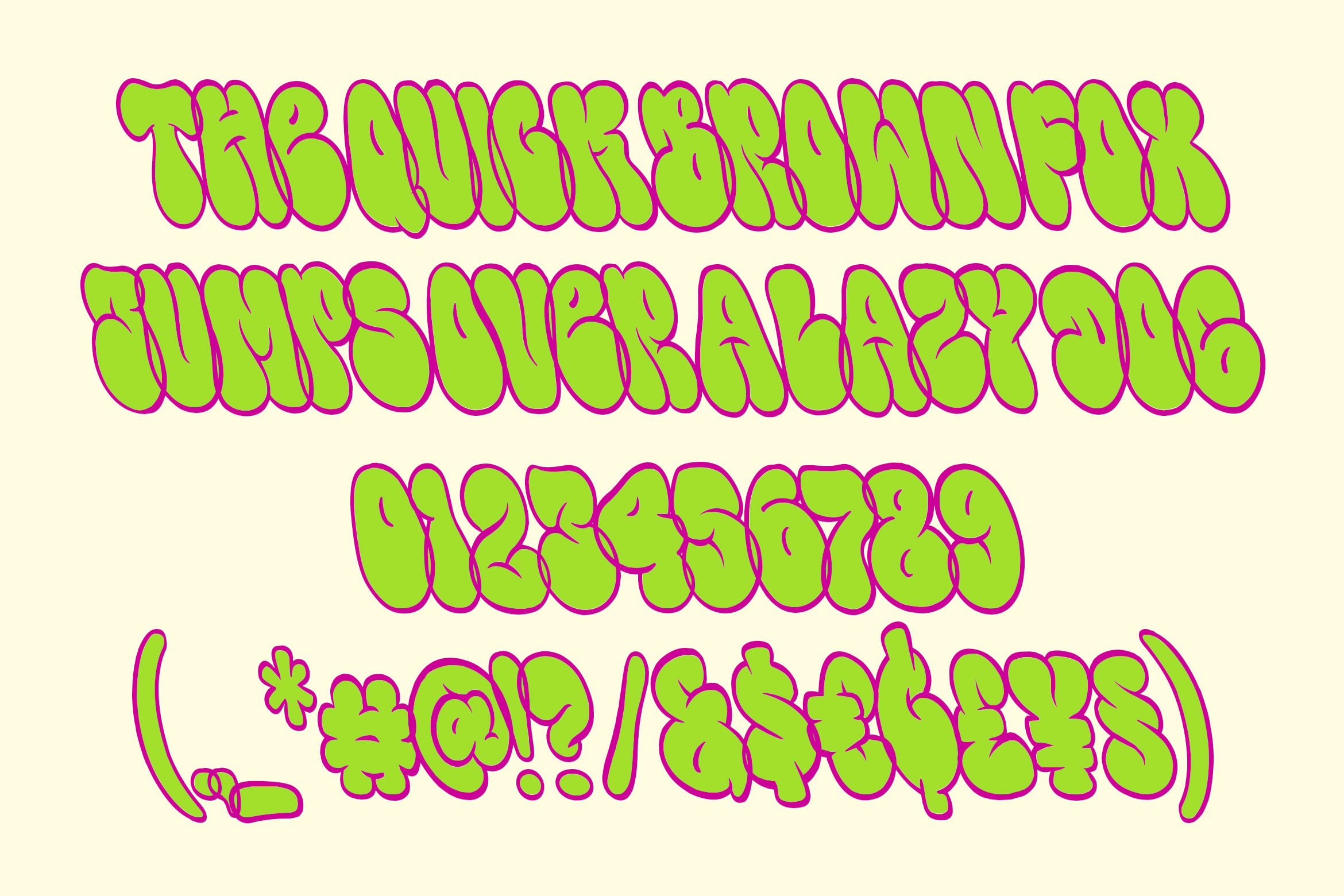Neon green graffiti style lettering with hot pink outlines on cream background