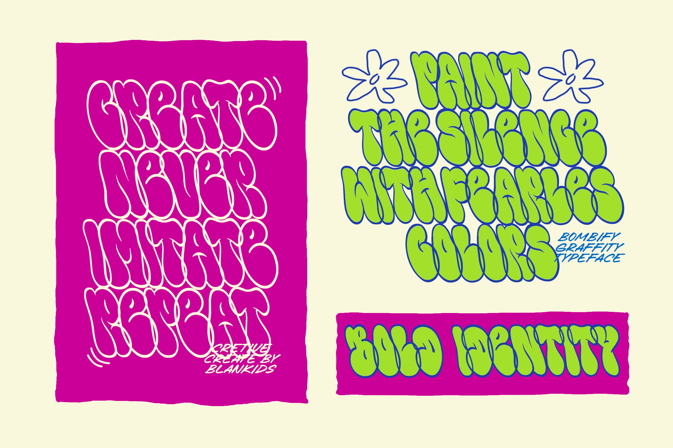 Bombify graffiti typeface showcasing bold bubble letters in lime green, white outlines, magenta backgrounds