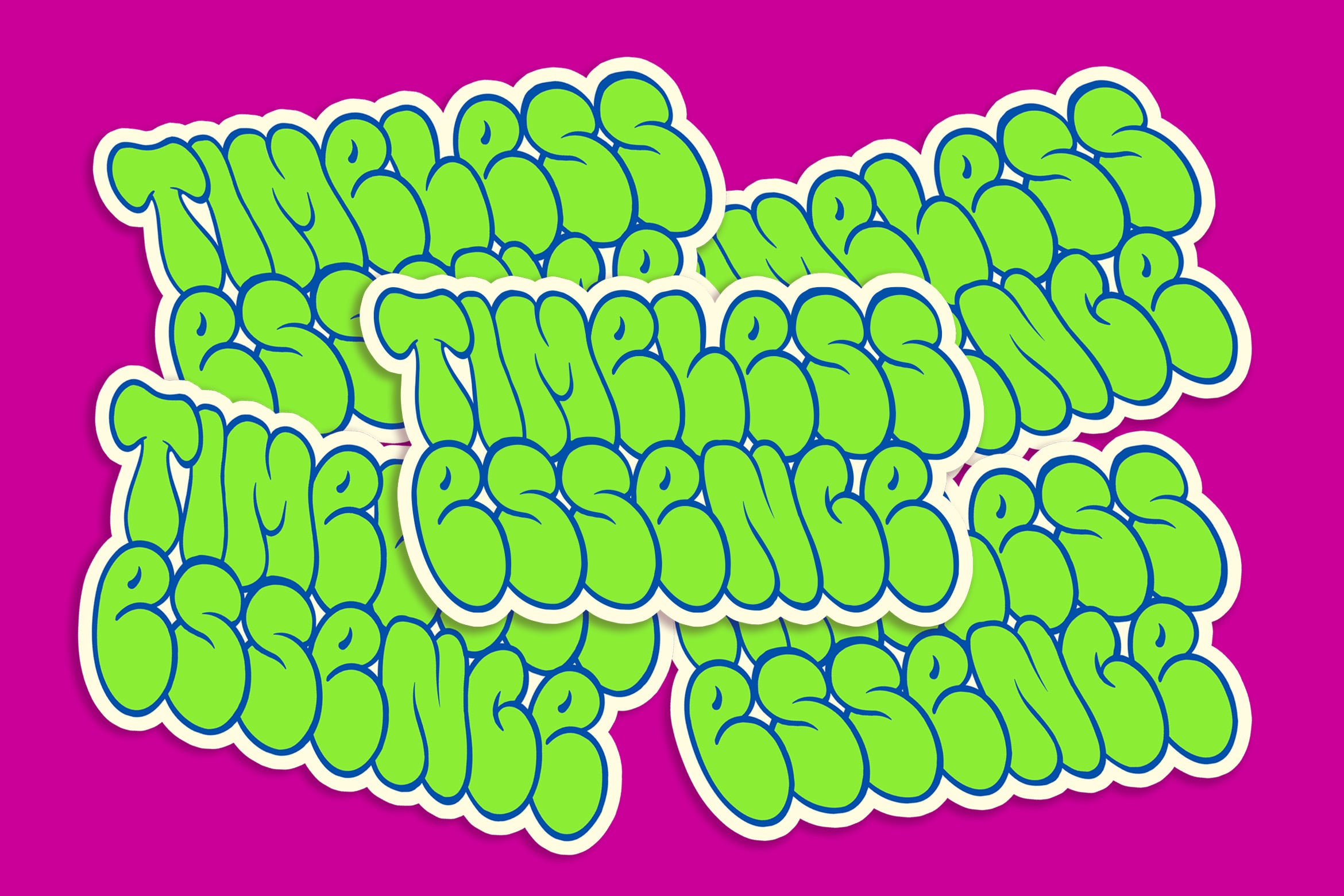 Neon lime graffiti bubble letters with blue outlines on hot pink background