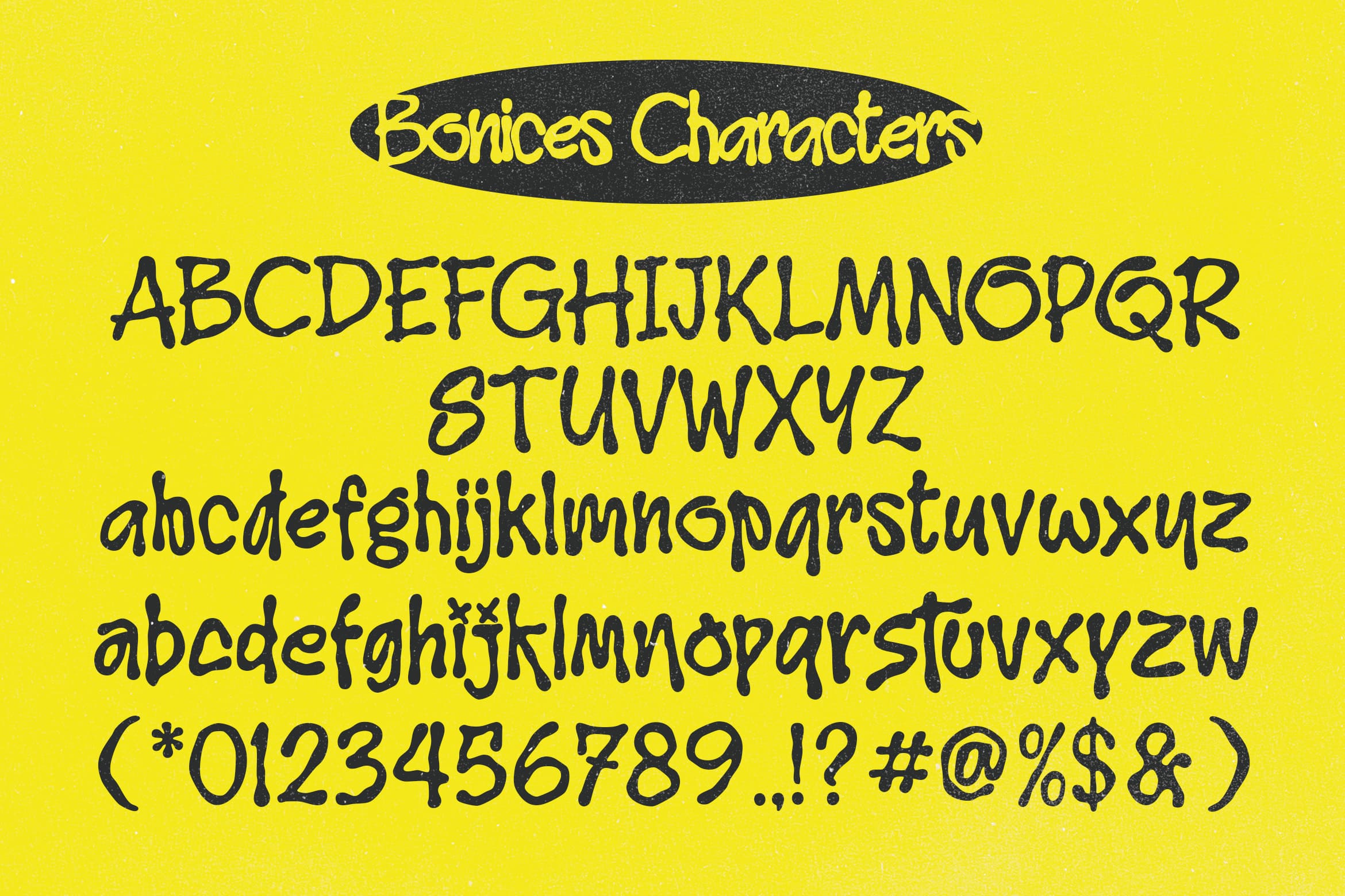 Bonices Characters font with uppercase, lowercase, numbers, symbols on bright yellow background