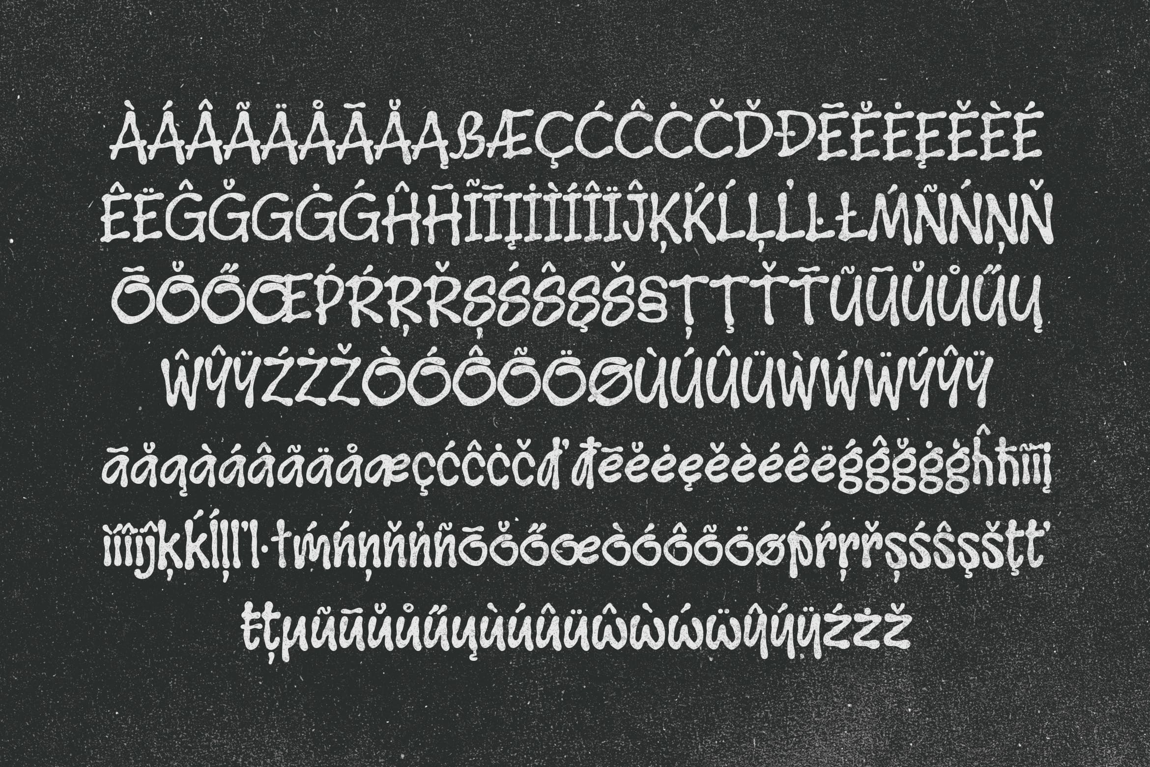Font with extensive diacritical marks, accents, ligatures on dark textured background