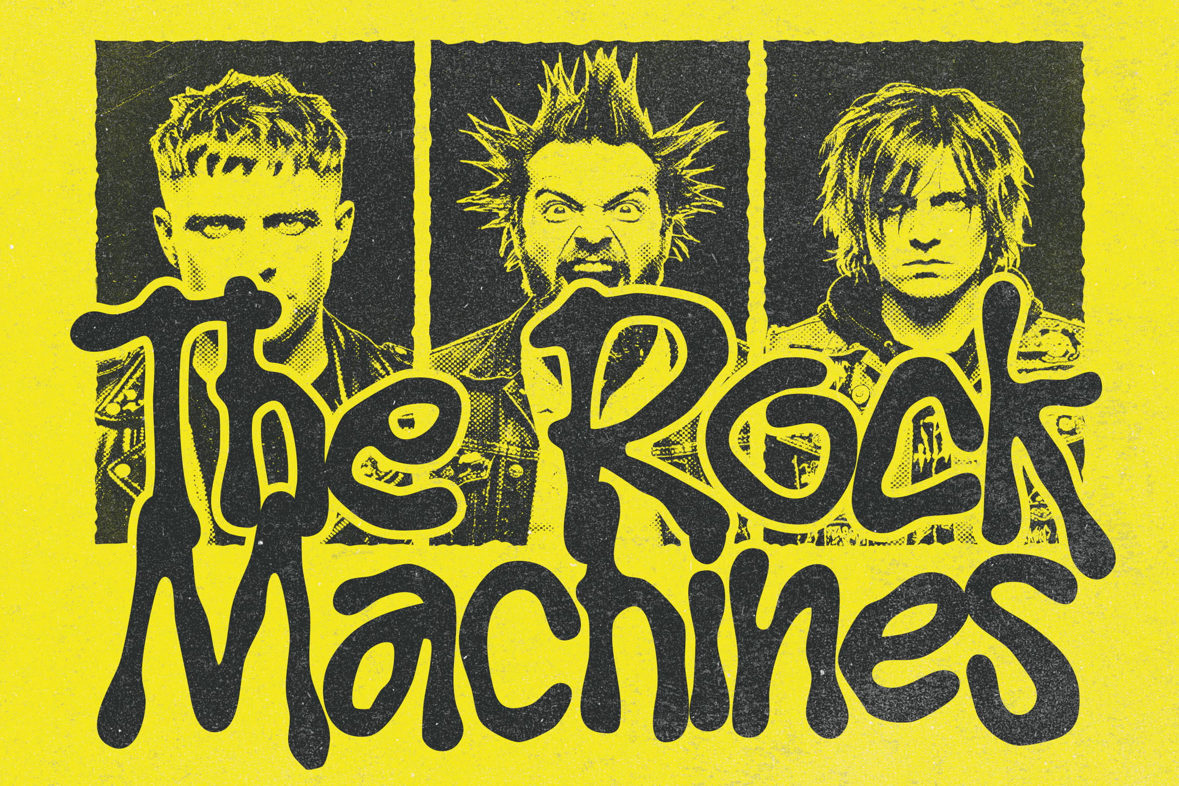 Retro punk band poster with three spiky-haired characters in yellow on black halftone background