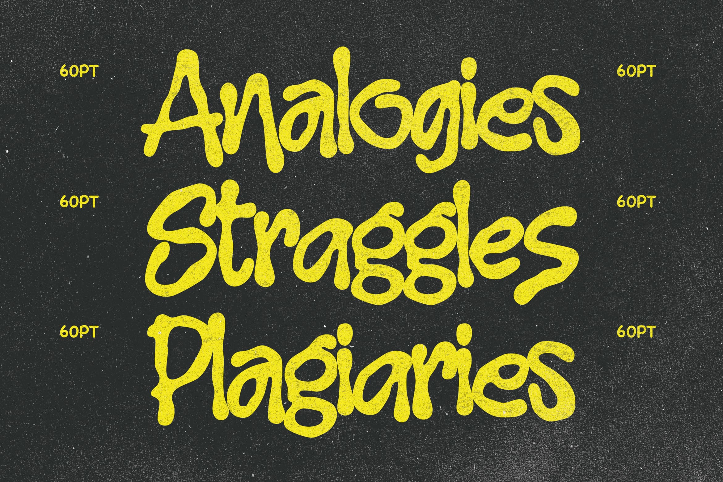 Bright yellow retro font with grungy texture on dark speckled background showing three word samples