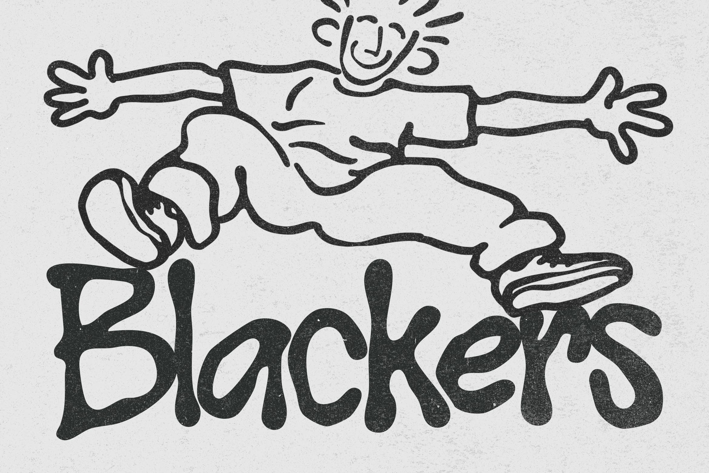 Playful line art doodle of stick figures with "Blockers" text below, grungy textured style