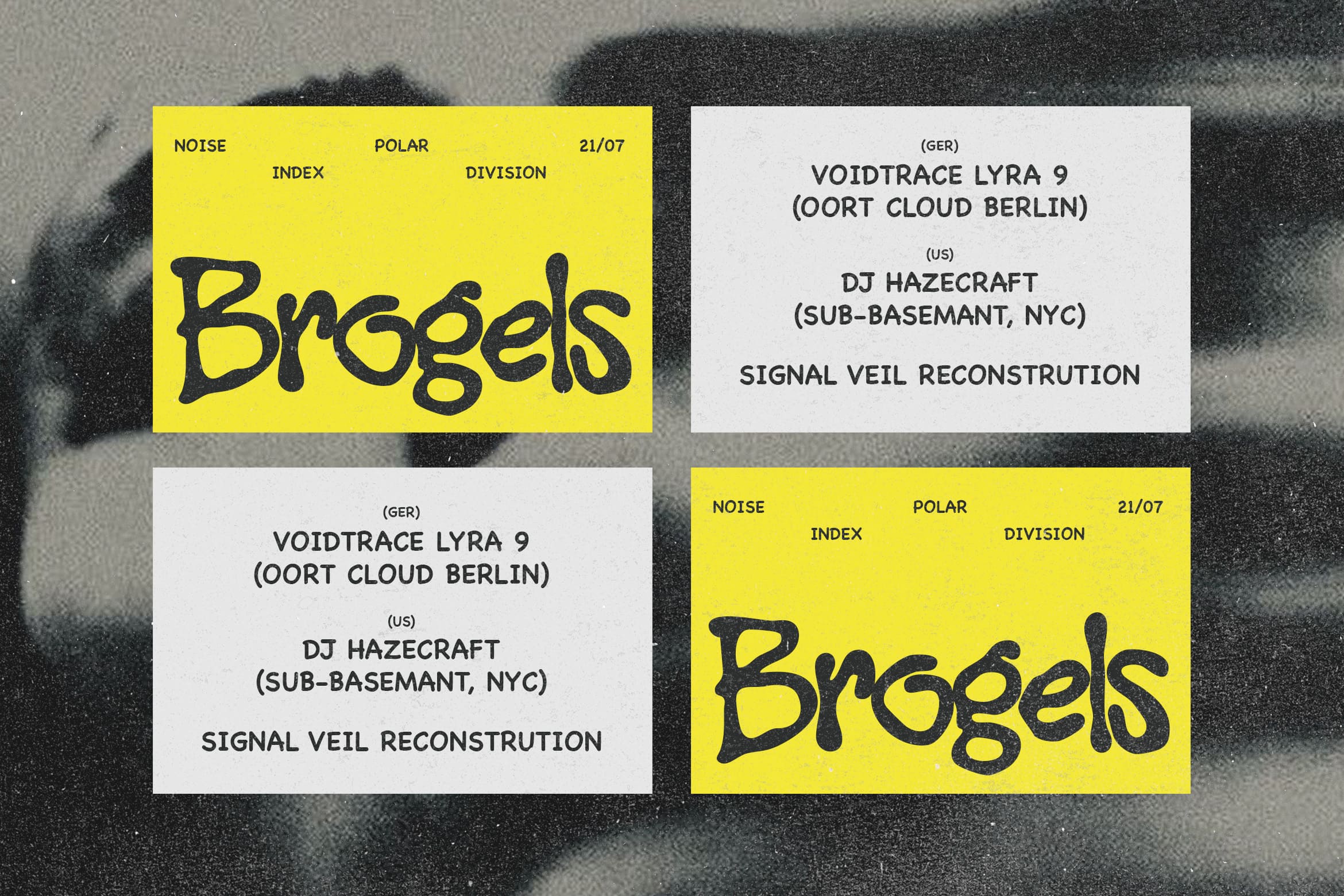 Event flyer mockup with bold yellow cards, black hand-drawn type, cream text layouts on grainy background