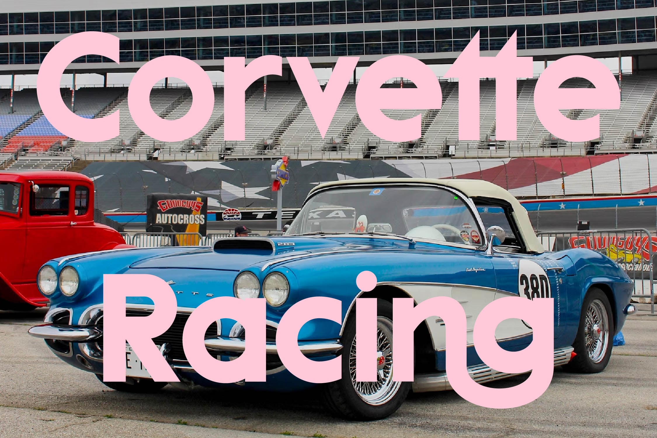 Retro cars parked at vintage racetrack with pink typography overlay on stadium background