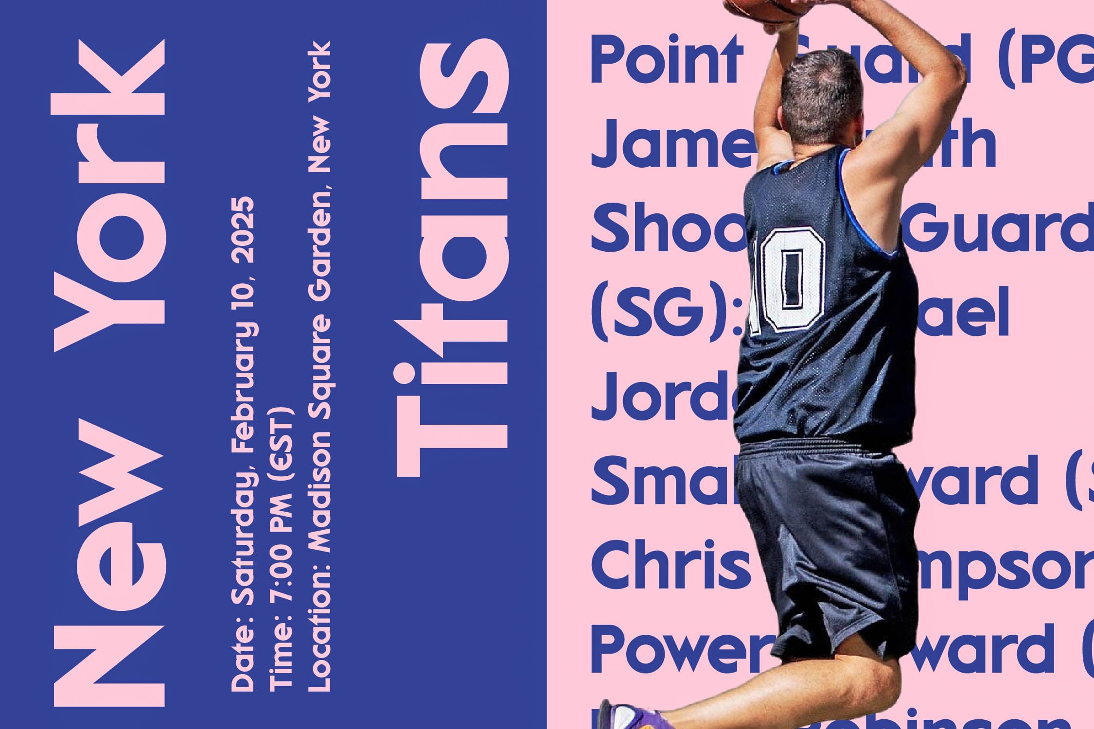 Basketball player jumping in dark jersey against split blue-pink background with sports stats text overlay