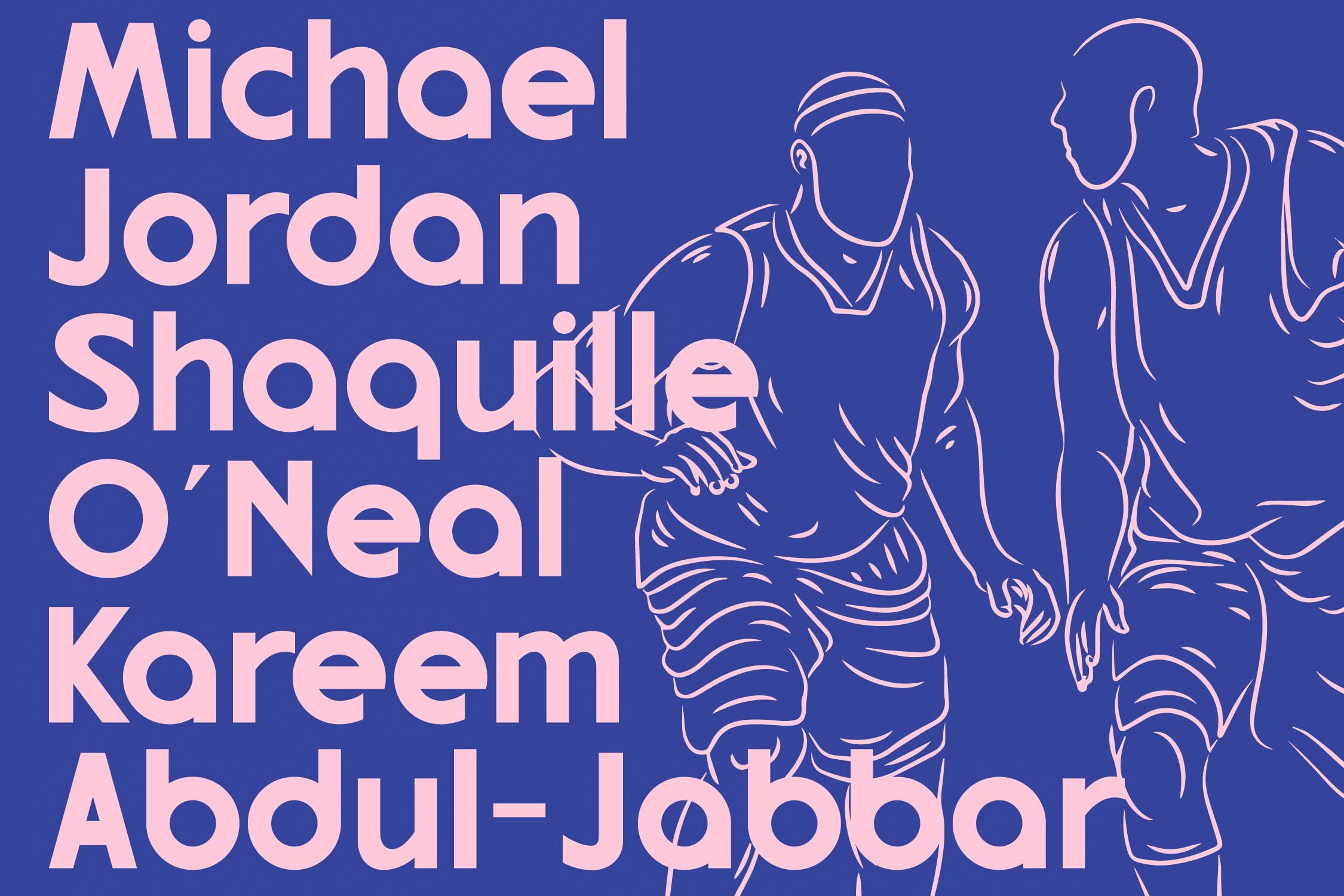 Line art illustration of basketball players with pink text on deep blue background