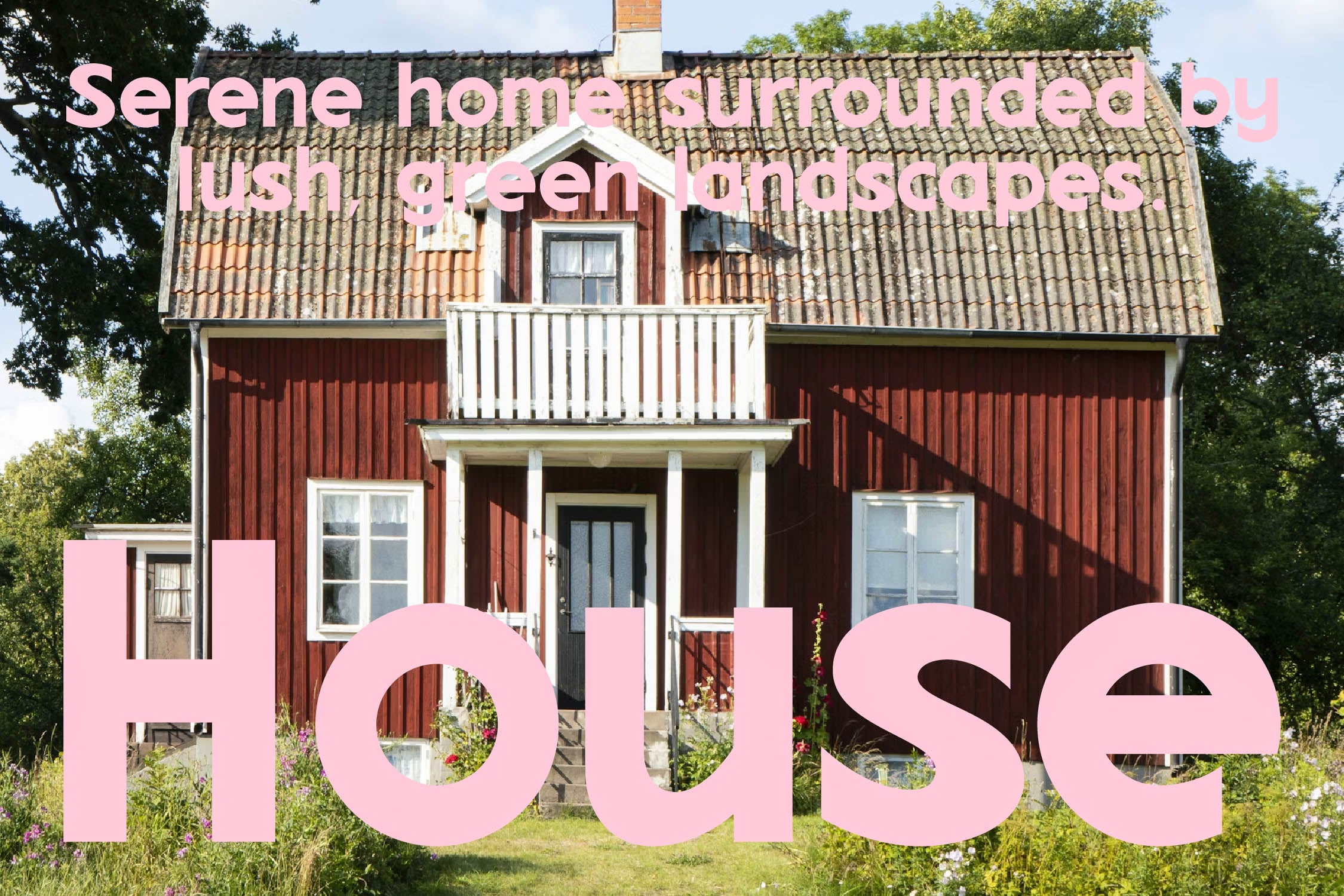 Charming red cottage with pink text overlay on house exterior mockup