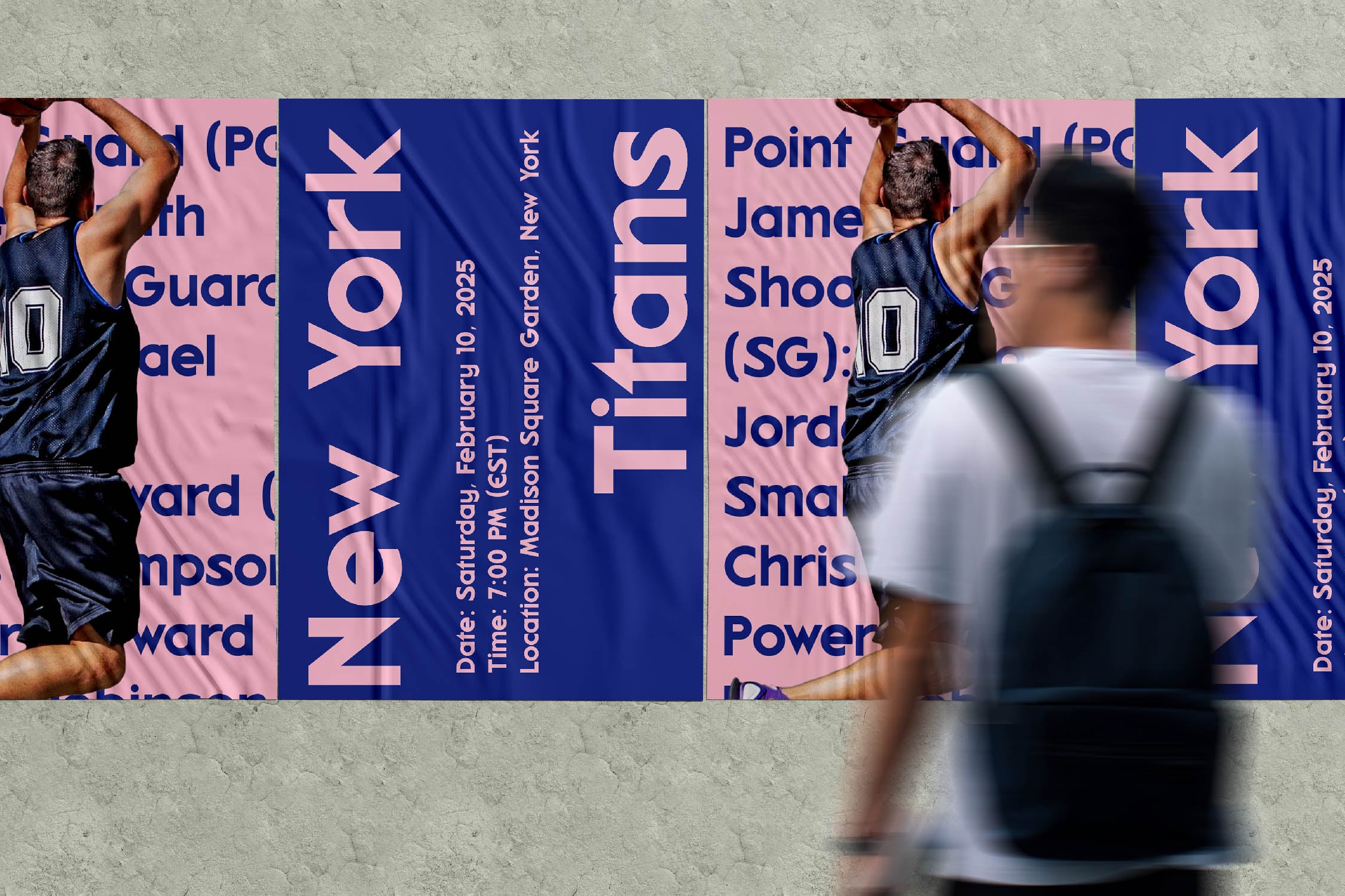Basketball event poster mockup with navy blue, pink panels, player photos, typography, event details on concrete wall