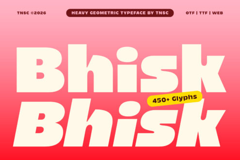 Brink typeface in heavy geometric style with 450+ glyphs, shown on gradient pink background