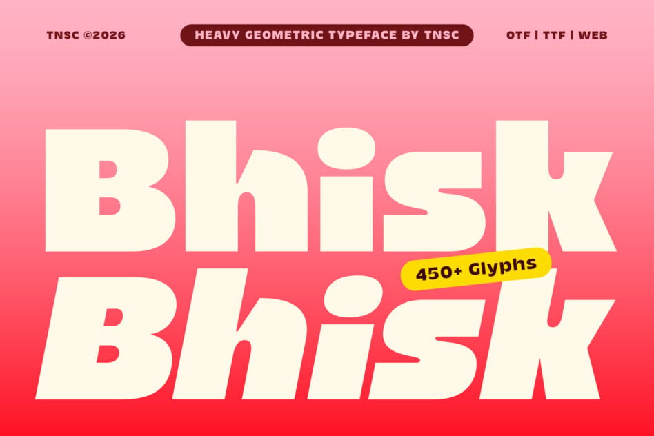 Brink typeface in heavy geometric style with 450+ glyphs, shown on gradient pink background