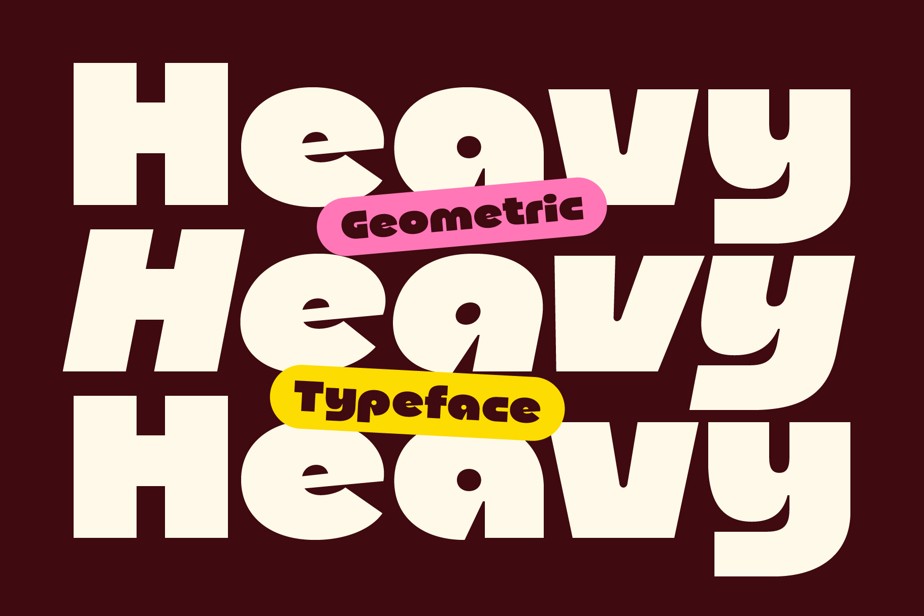 Heavy typeface with geometric label stickers on dark maroon background