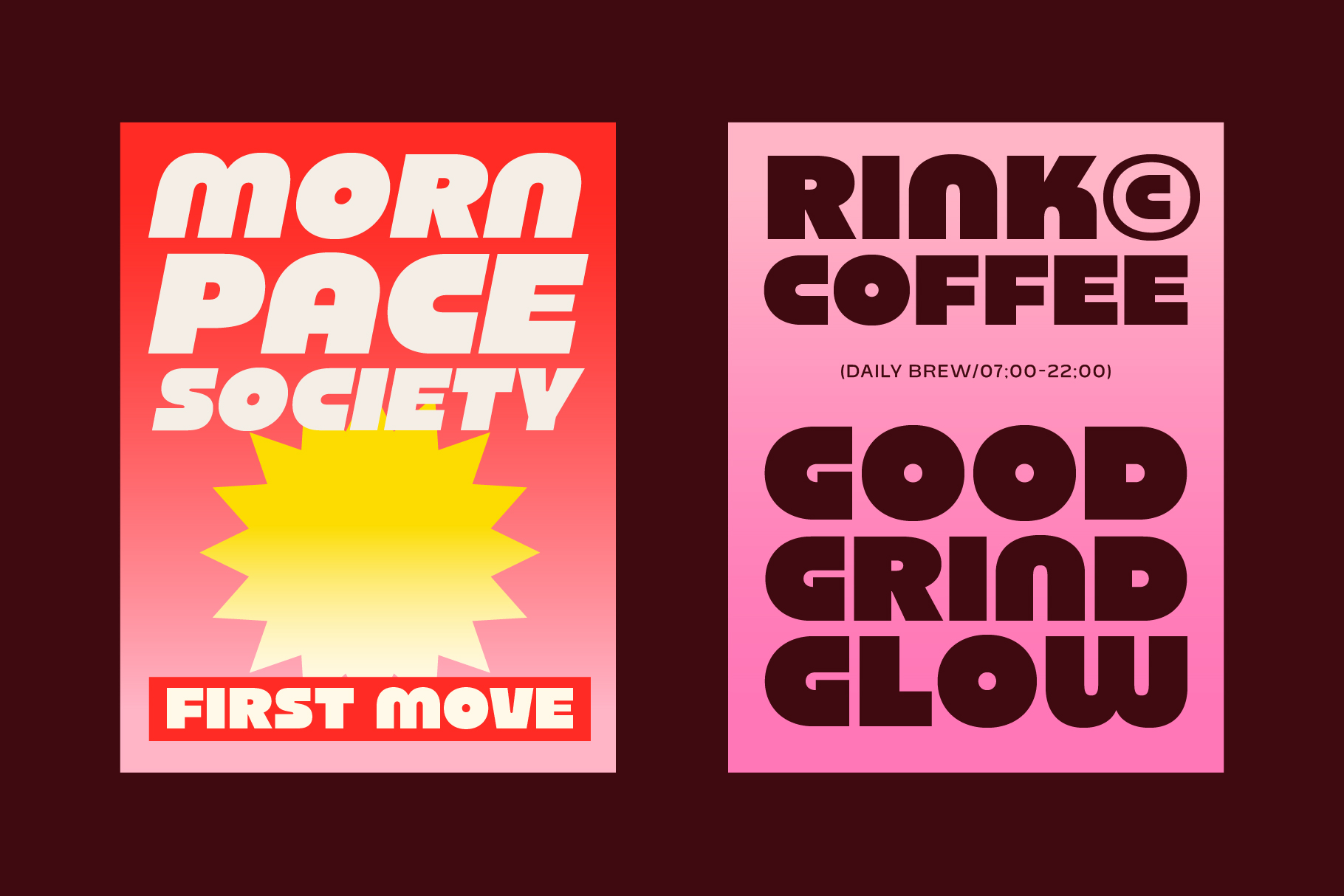 Two bold retro posters with vibrant colors, one red with yellow starburst, one pink with dark text